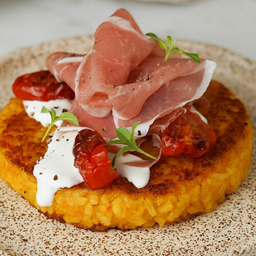 Risotto alla zucca al salto con Prosciutto di San Daniele e burrata